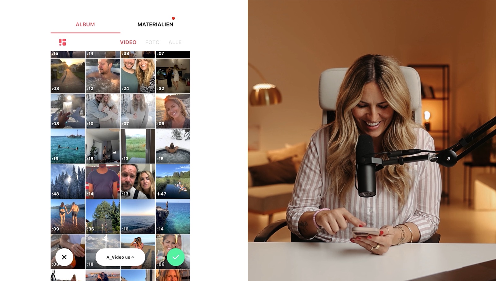 Carmen beim Mobile Editing eines Reels, Auswahl aus dem Smartphone-Album.